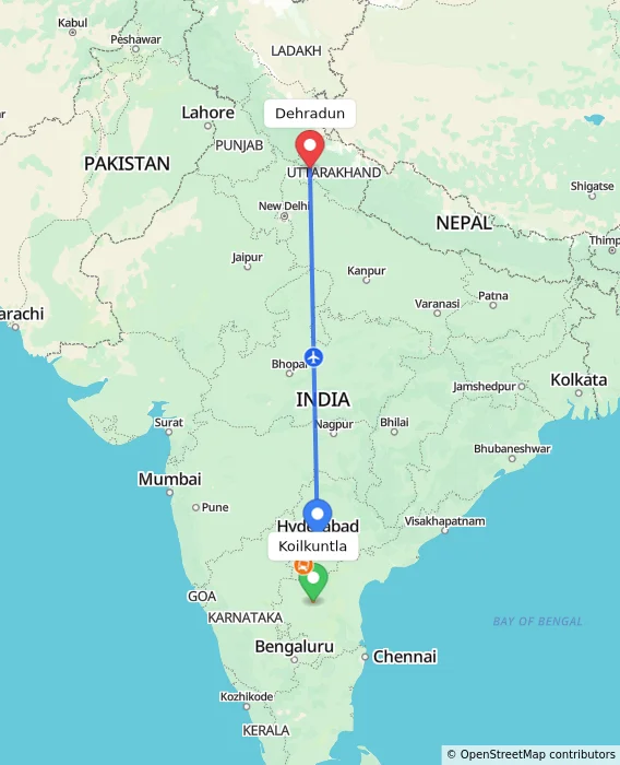 Route map showing distance and travel time from Koilkuntla, India to Dehradun, India
