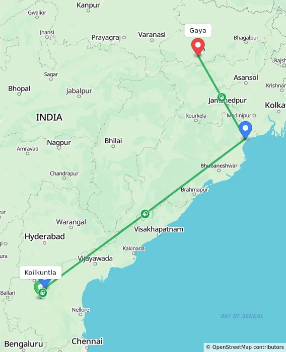 Route map showing distance and travel time from Koilkuntla, India to Gaya, India
