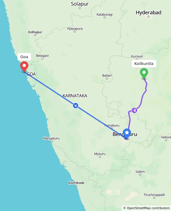 Route map showing distance and travel time from Koilkuntla, India to Goa, India