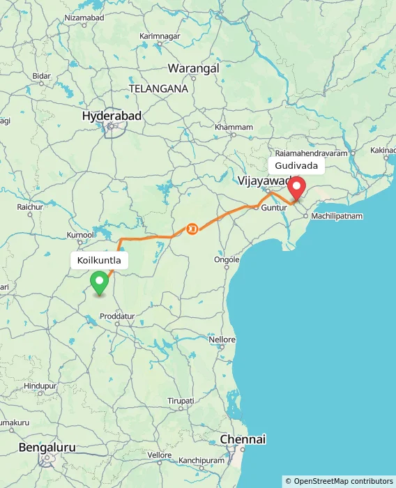 Route map showing distance and travel time from Koilkuntla, India to Gudivada, India