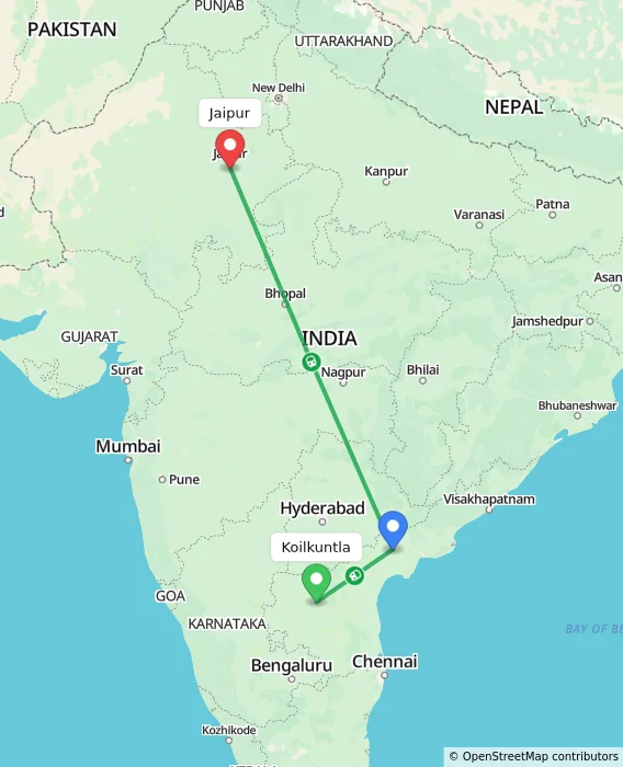 Route map showing distance and travel time from Koilkuntla, India to Jaipur, India