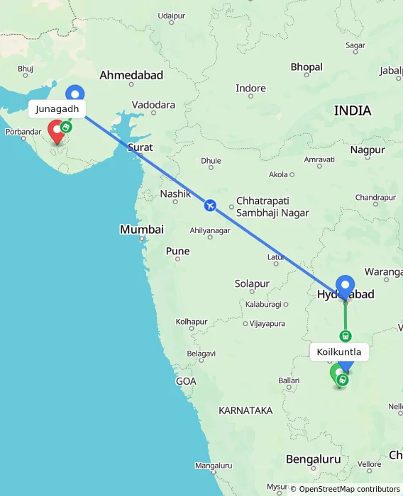 Route map showing distance and travel time from Koilkuntla, India to Junagadh, India