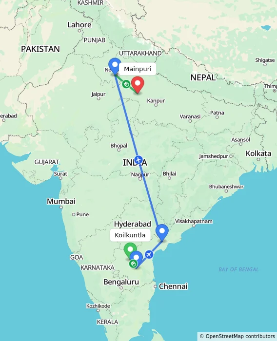 Route map showing distance and travel time from Koilkuntla, India to Mainpuri, India