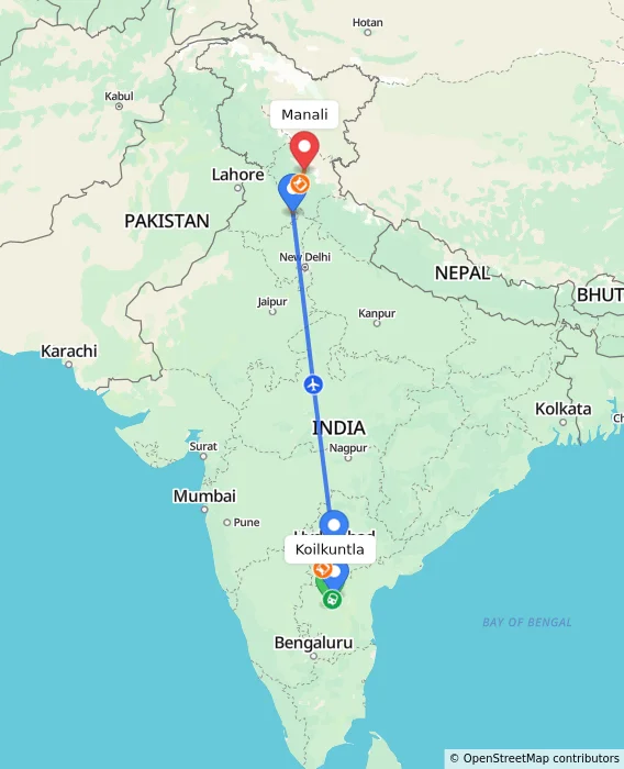 Route map showing distance and travel time from Koilkuntla, India to Manali, India