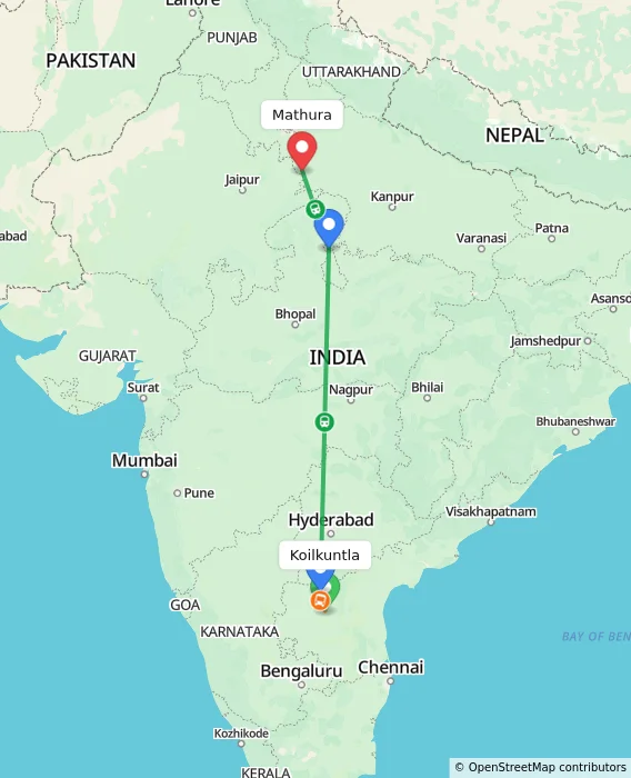 Route map showing distance and travel time from Koilkuntla, India to Mathura, India