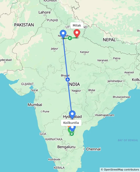 Route map showing distance and travel time from Koilkuntla, India to Milak, India