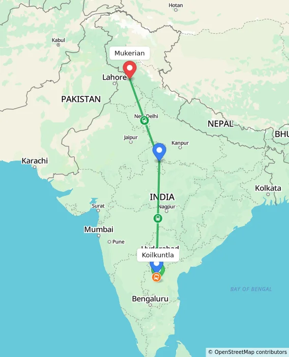 Route map showing distance and travel time from Koilkuntla, India to Mukerian, India