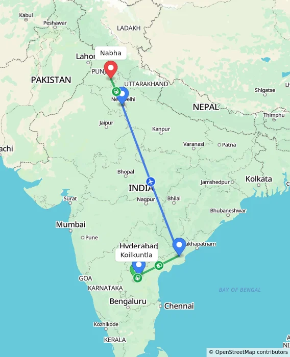 Route map showing distance and travel time from Koilkuntla, India to Nabha, India
