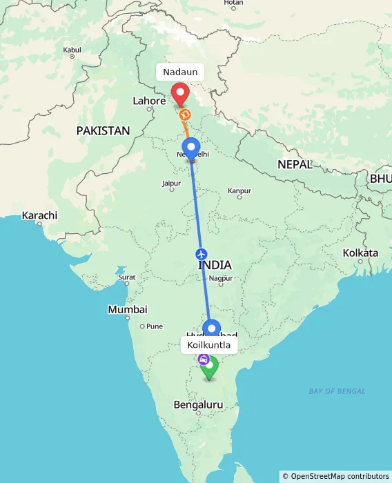 Route map showing distance and travel time from Koilkuntla, India to Nadaun, India