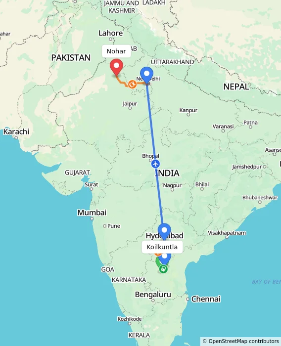 Route map showing distance and travel time from Koilkuntla, India to Nohar, India