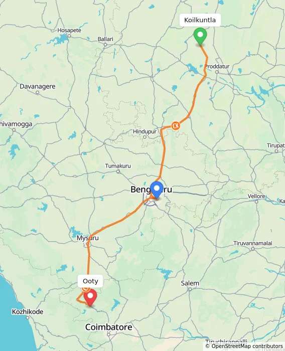 Route map showing distance and travel time from Koilkuntla, India to Ooty, India