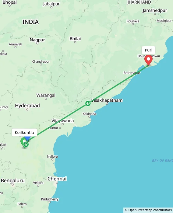 Route map showing distance and travel time from Koilkuntla, India to Puri, India