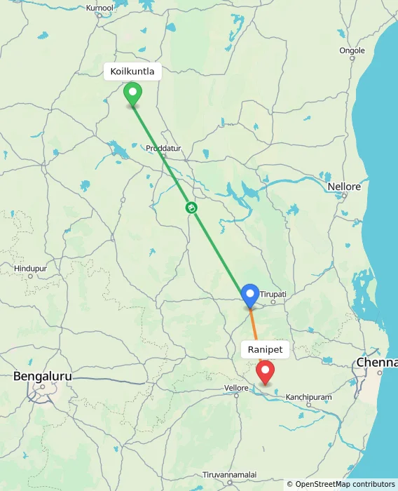 Route map showing distance and travel time from Koilkuntla, India to Ranipet, India