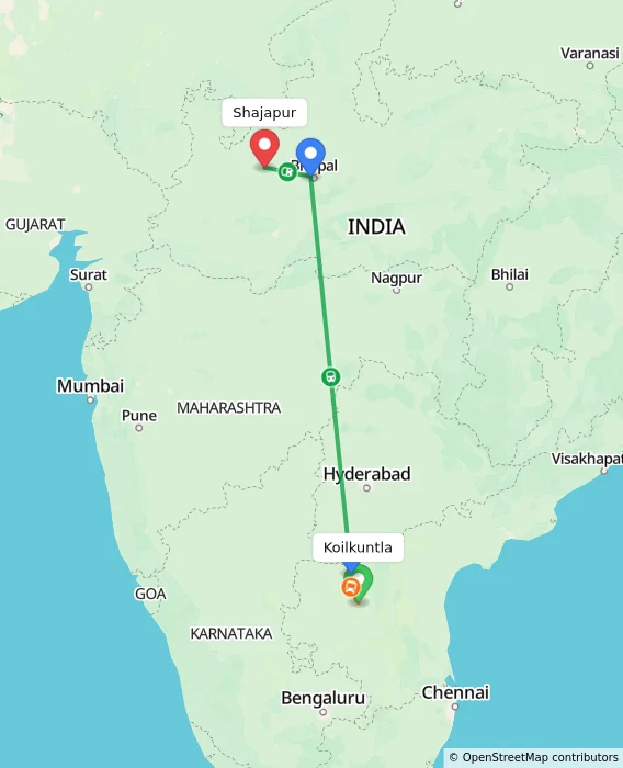 Route map showing distance and travel time from Koilkuntla, India to Shajapur, India