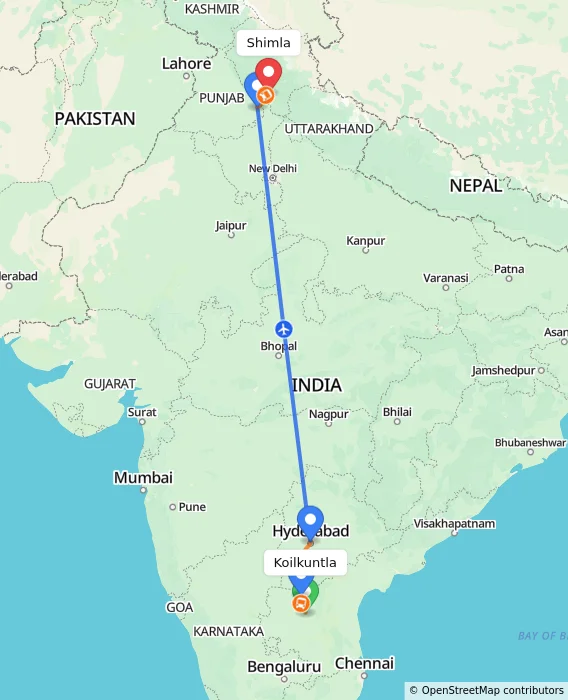 Route map showing distance and travel time from Koilkuntla, India to Shimla, India
