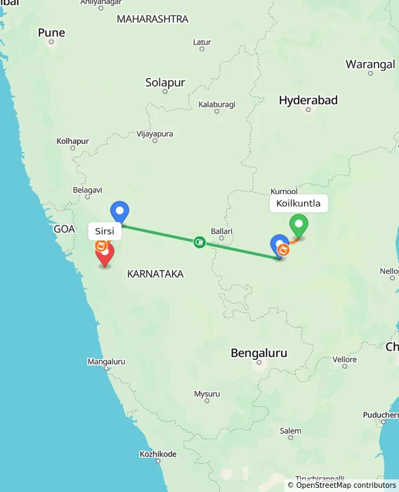 Route map showing distance and travel time from Koilkuntla, India to Sirsi, India