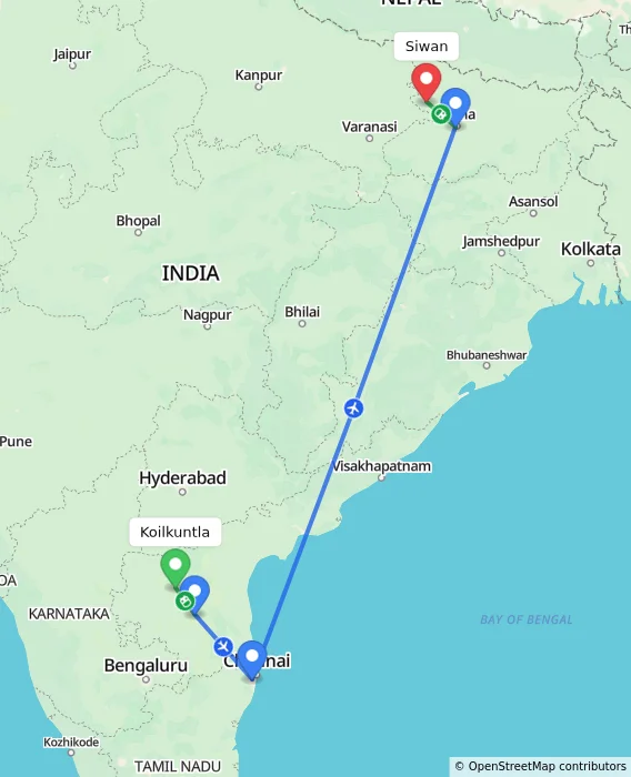 Route map showing distance and travel time from Koilkuntla, India to Siwan, India