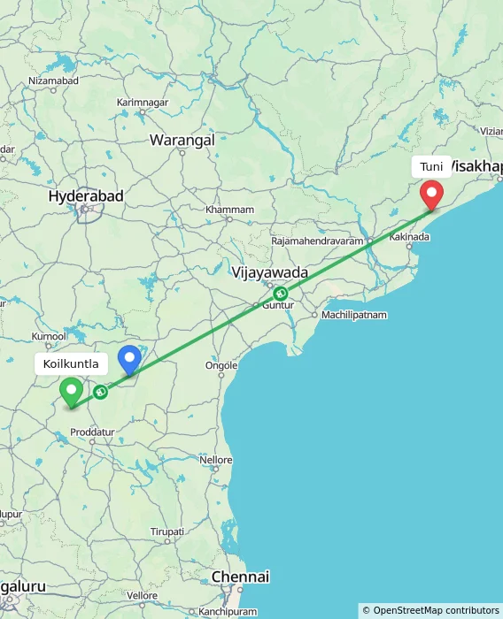 Route map showing distance and travel time from Koilkuntla, India to Tuni, India