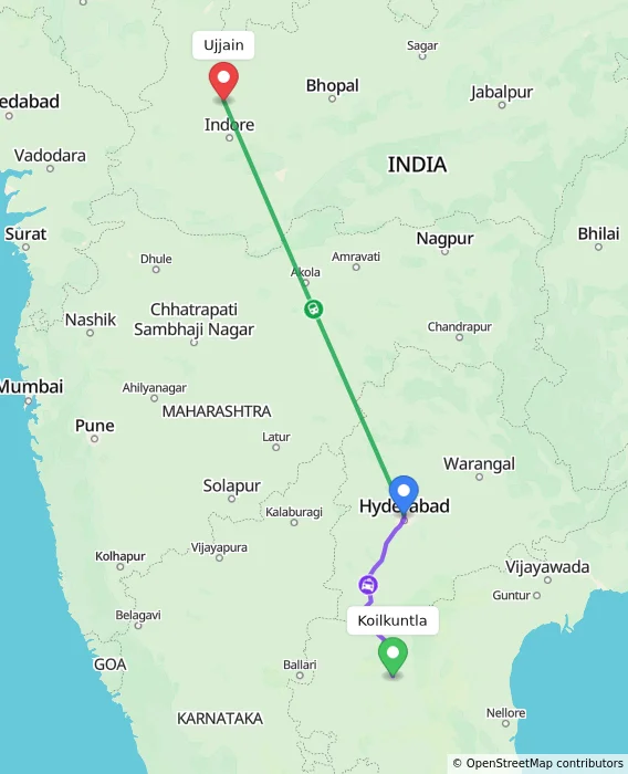Route map showing distance and travel time from Koilkuntla, India to Ujjain, India