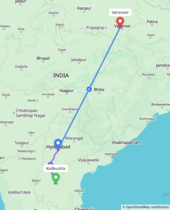 Route map showing distance and travel time from Koilkuntla, India to Varanasi, India