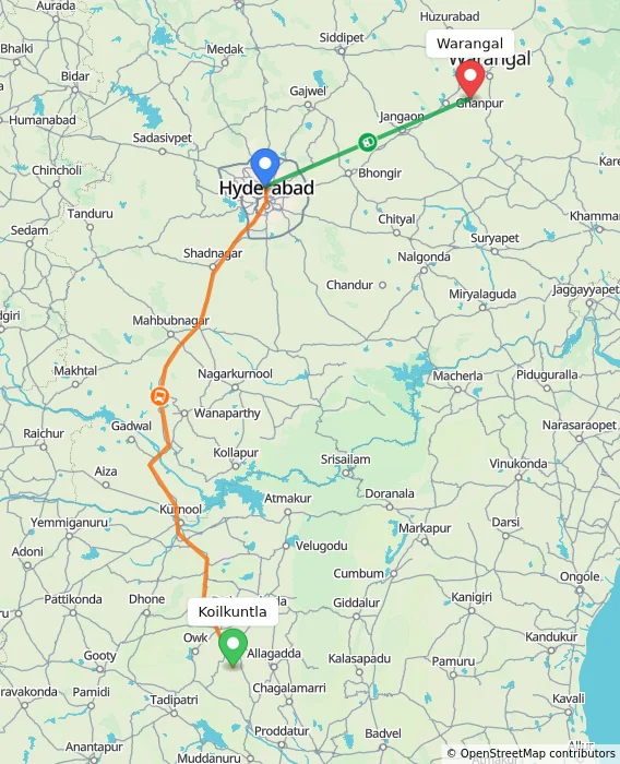 Route map showing distance and travel time from Koilkuntla, India to Warangal, India