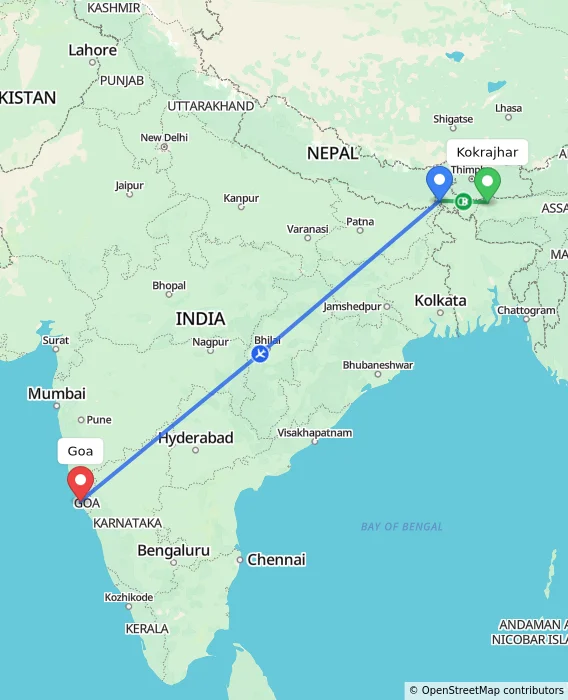 Route map showing distance and travel time from Kokrajhar, India to Goa, India