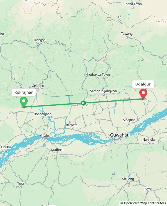 Route map showing distance and travel time from Kokrajhar, India to Udalguri, India