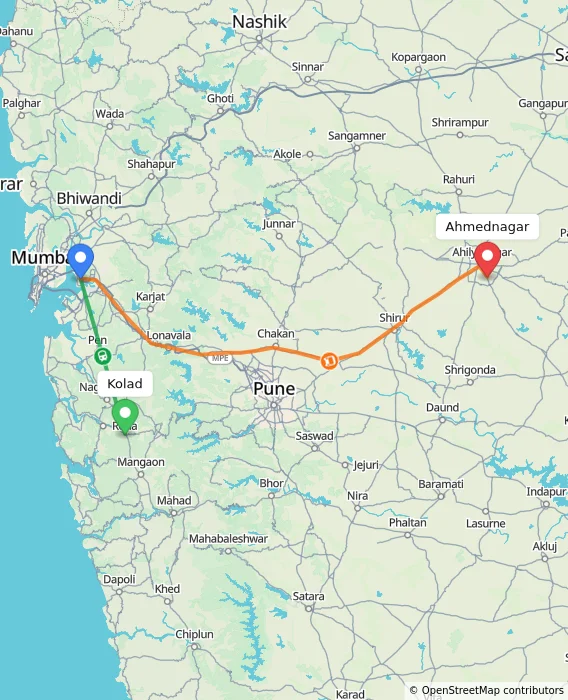 Route map showing distance and travel time from Kolad, India to Ahmednagar, India