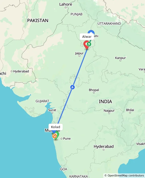 Route map showing distance and travel time from Kolad, India to Alwar, India