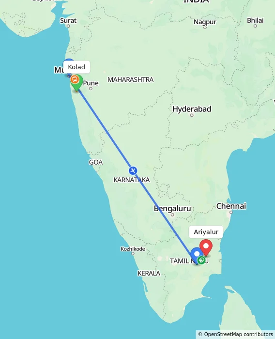 Route map showing distance and travel time from Kolad, India to Ariyalur, India