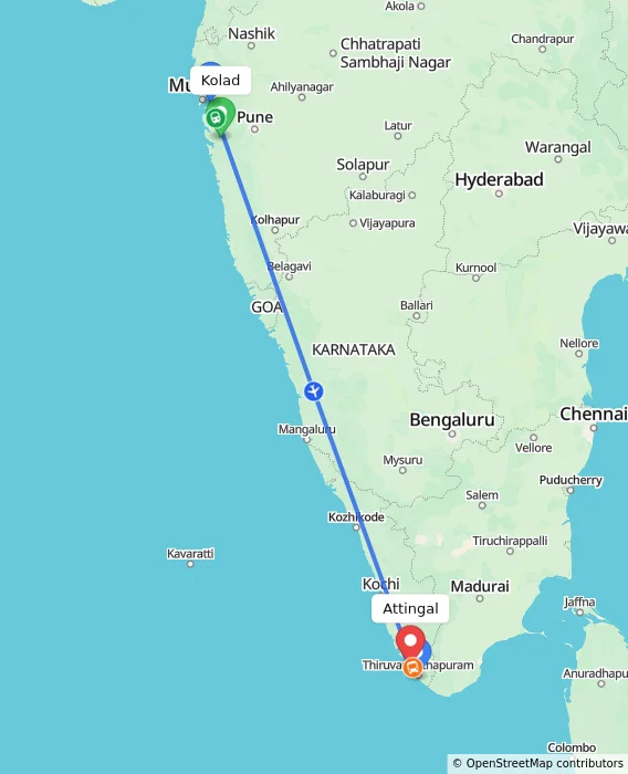 Route map showing distance and travel time from Kolad, India to Attingal, India