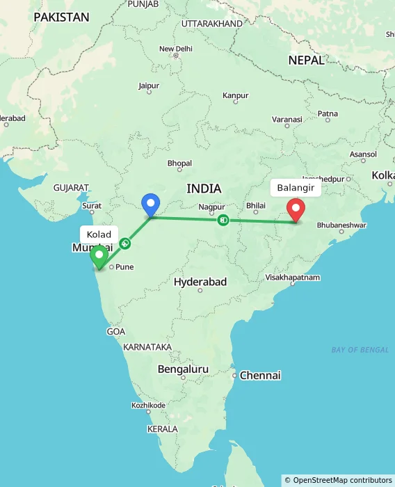Route map showing distance and travel time from Kolad, India to Balangir, India
