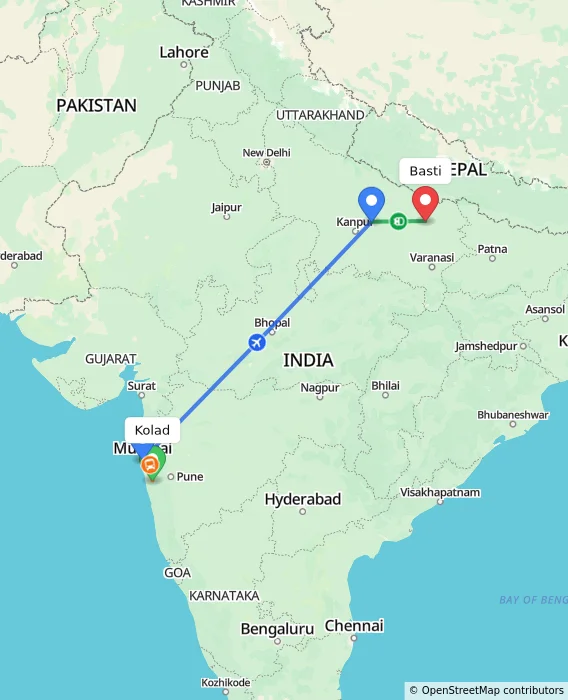 Route map showing distance and travel time from Kolad, India to Basti, India
