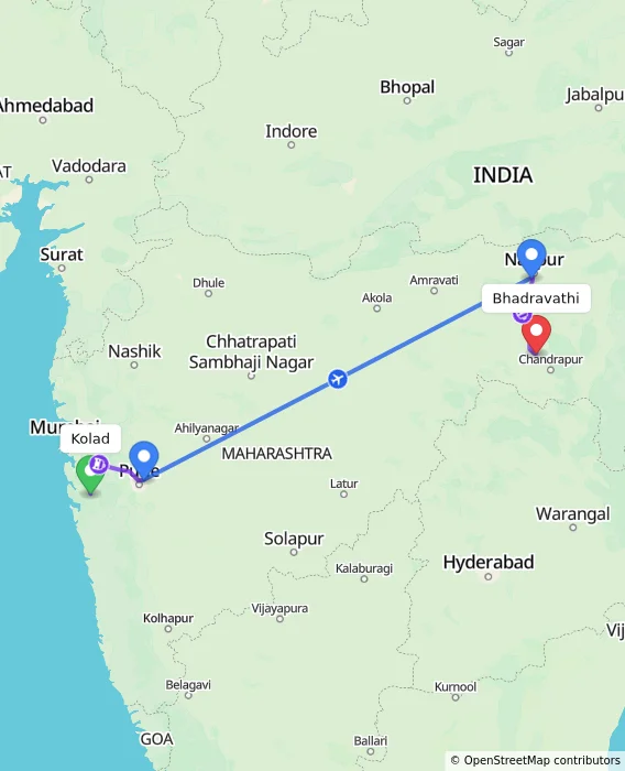 Route map showing distance and travel time from Kolad, India to Bhadravathi, India