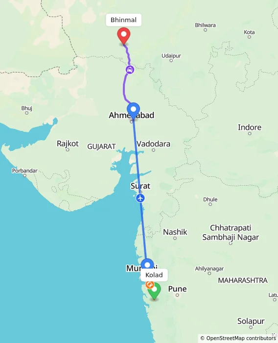 Route map showing distance and travel time from Kolad, India to Bhinmal, India