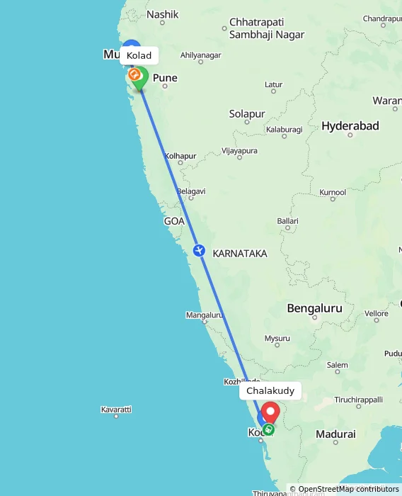 Route map showing distance and travel time from Kolad, India to Chalakudy, India