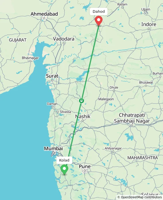 Route map showing distance and travel time from Kolad, India to Dahod, India