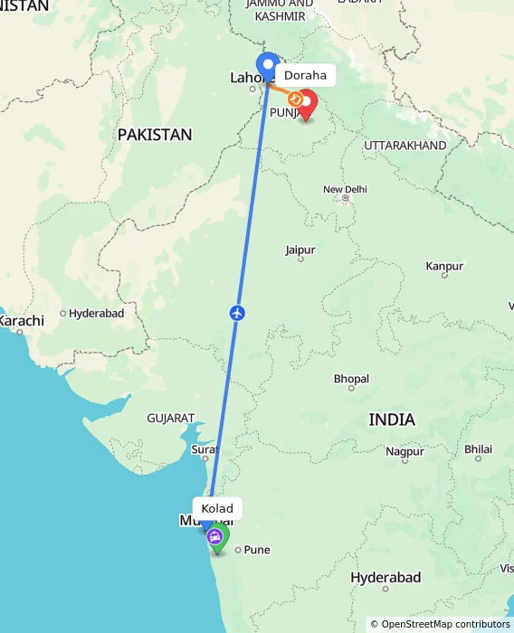 Route map showing distance and travel time from Kolad, India to Doraha, India