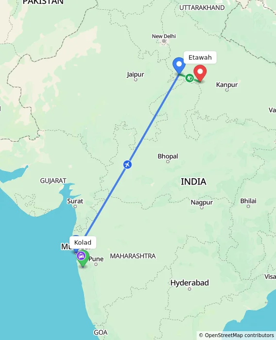 Route map showing distance and travel time from Kolad, India to Etawah, India