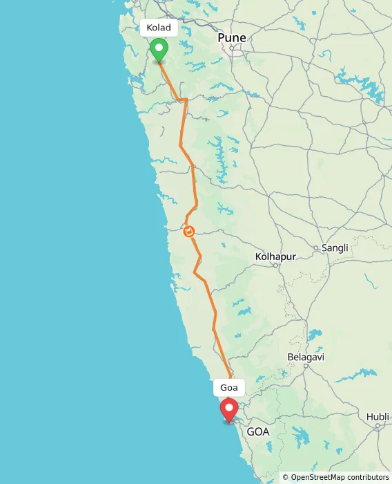 Route map showing distance and travel time from Kolad, India to Goa, India