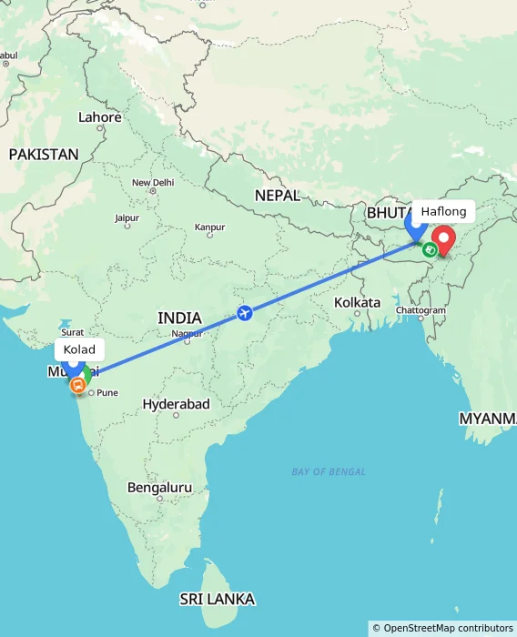 Route map showing distance and travel time from Kolad, India to Haflong, India