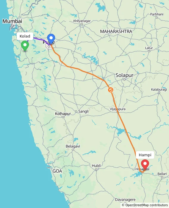 Route map showing distance and travel time from Kolad, India to Hampi, India