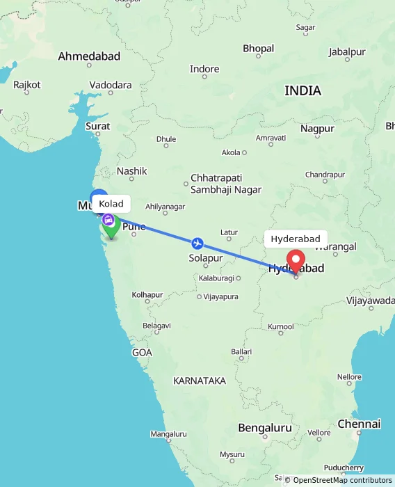 Route map showing distance and travel time from Kolad, India to Hyderabad, India