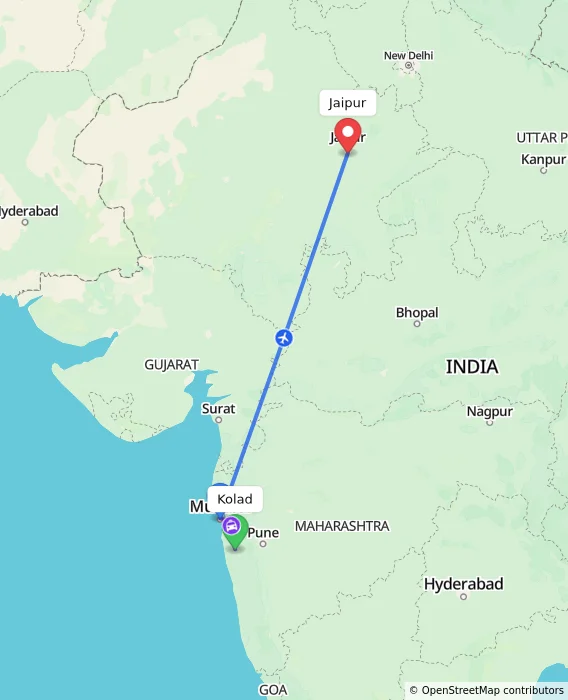 Route map showing distance and travel time from Kolad, India to Jaipur, India