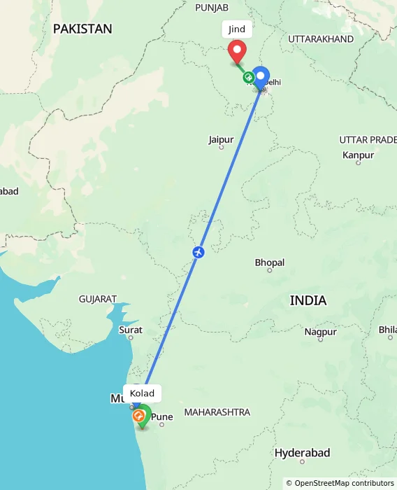 Route map showing distance and travel time from Kolad, India to Jind, India