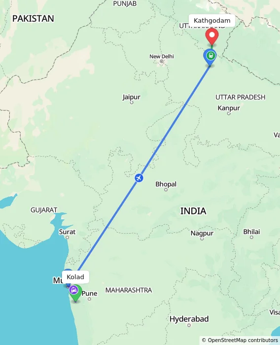Route map showing distance and travel time from Kolad, India to Kathgodam, India