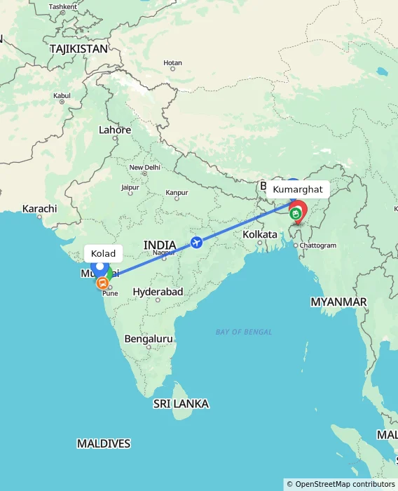 Route map showing distance and travel time from Kolad, India to Kumarghat, India
