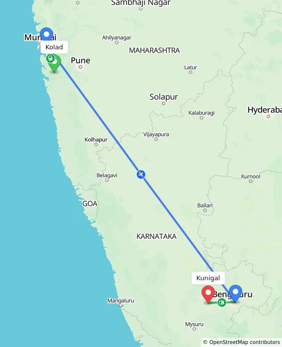 Route map showing distance and travel time from Kolad, India to Kunigal, India