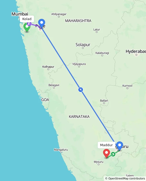 Route map showing distance and travel time from Kolad, India to Maddur, India