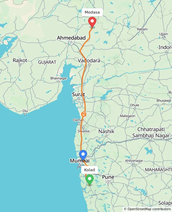 Route map showing distance and travel time from Kolad, India to Modasa, India